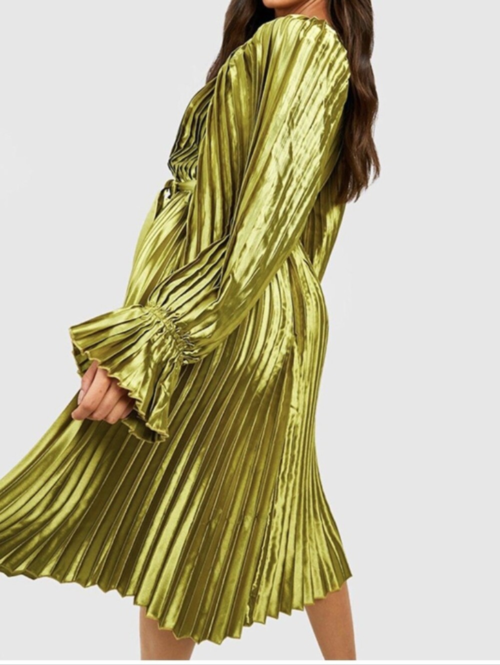 BNWT Green Satin/Poly Pleated Tie-Detail Midi Long Sleeve Holiday Dress - Picture 2 of 16